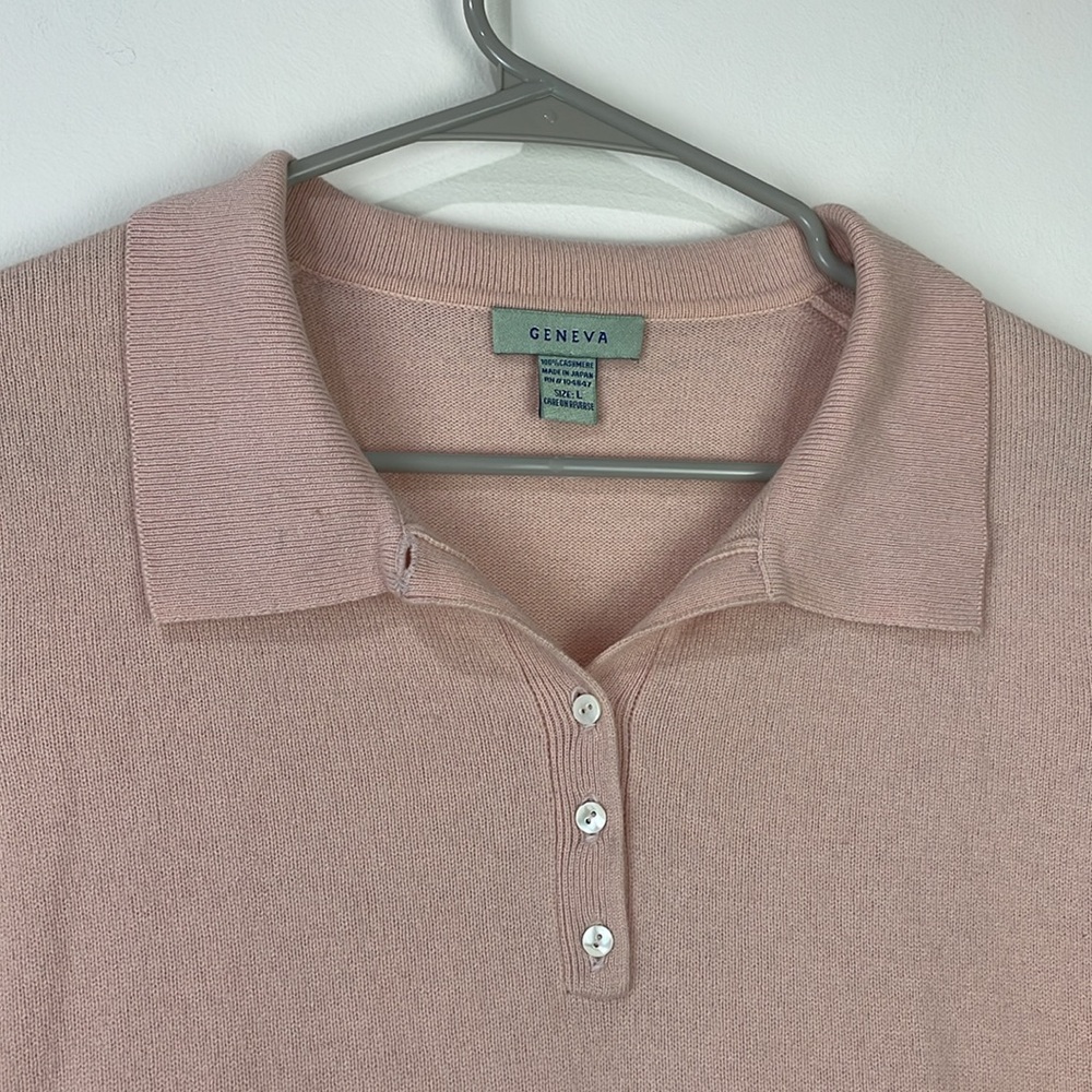 GENEVA 100% Cashmere Sweater Short Sleeve Polo Sz L Light Pink - Picture 3 of 5
